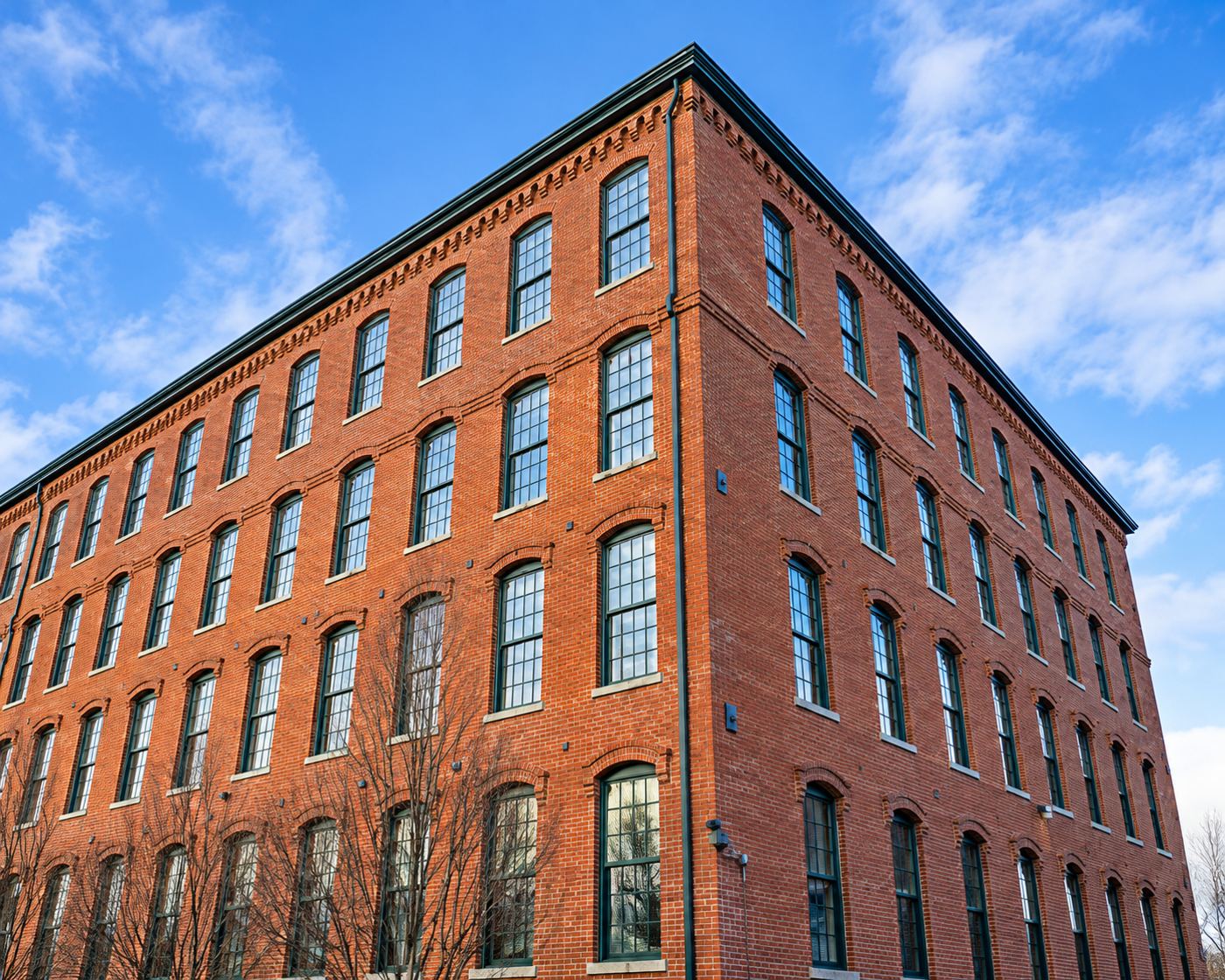 Multi-story brick commercial building against a blue sky