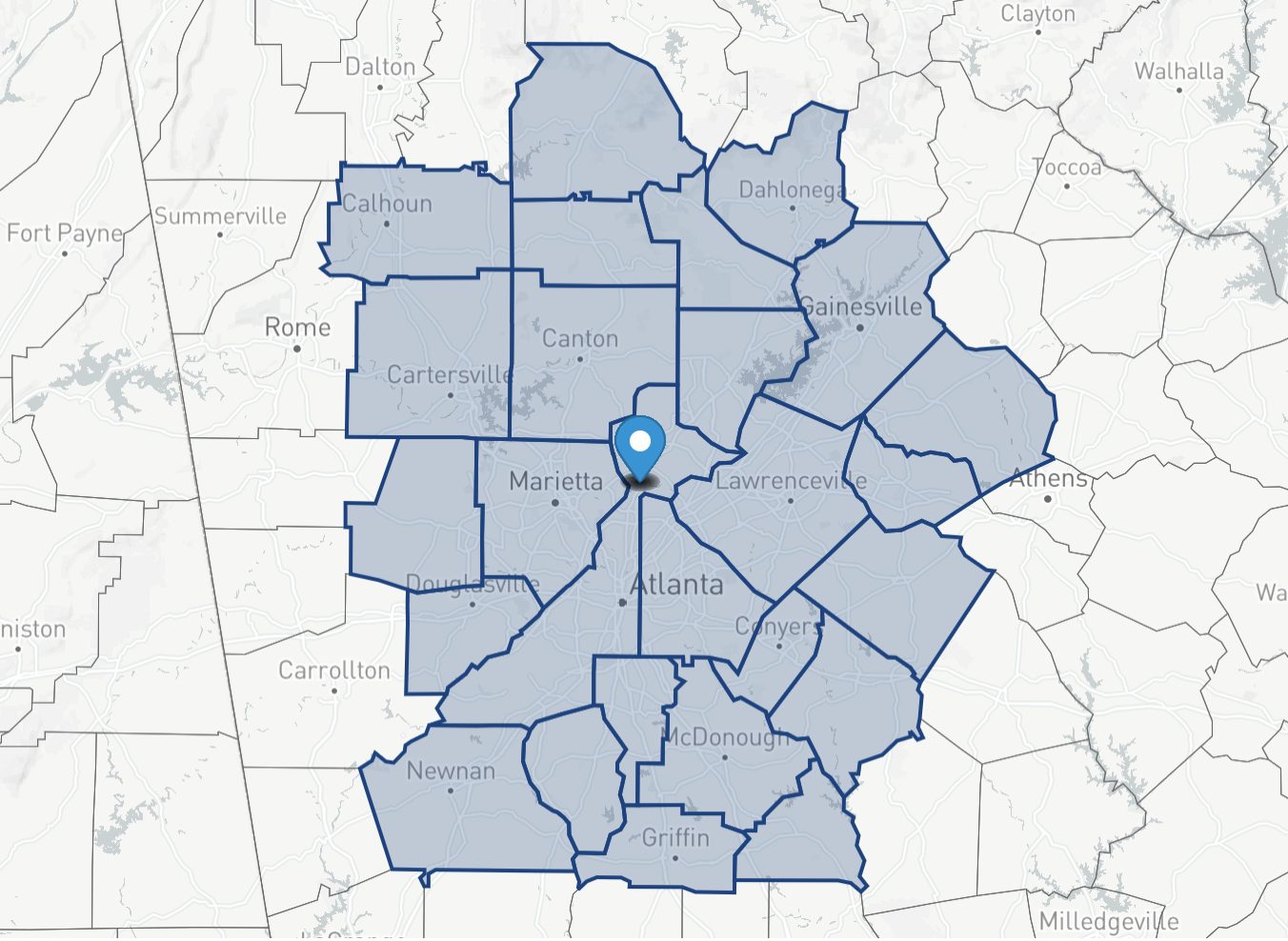 Map of the Micron Commercial Services service area: 26 counties across Metro Atlanta and North Georgia